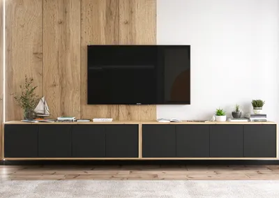 Obrázek produktu pro 2 ks Závěsná RTV skříňka - Apollo2 + Apollo2 - Závěsné TV skříňky - Loftový styl, Lindner nábytek - 300cm, Barva: dub Wotan matný - černá matt