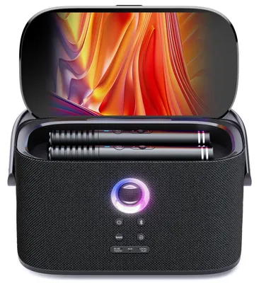 Imagen del producto de Sistema de karaoke portátil con 140W de potencia máxima y dos micrófonos. Conectividad Bluetooth. Ideal para fiestas y uso doméstico