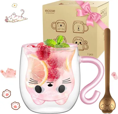 Produktbild von Doppelwandige Süße Katze Latte Macchiato Gläser 290ml Kaffeetasse Teegläser für Cappuccino und Tee