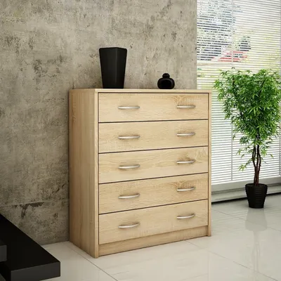 Produktbild von Kommode mit 5 Schubladen mit matter Oberfläche, Kommode 74cm breit Holz Schrank Kommode mit Schubladen Sideboard Highboard Anrichte Sonoma