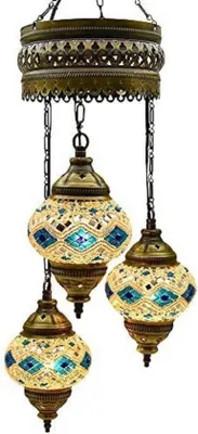 Produktbild von Turkische Hängelampe mit 3 Glaskugeln, orientalische Deckenlampe in Türkis und Weiß, handgefertigt, Mozaikdesign