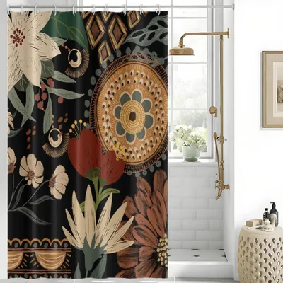 Produktbild von Duschvorhang 150 x 180 cm, Duschvorhang mit grünen Blättern, Boho-Blumen, tropischem abstraktem Muster, schimmelresistentem, waschbarem und wasserdichtem Polyestergewebe, Badezimmervorhang mit 10 Haken für das Badezimmer