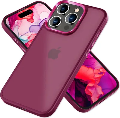 Two iPhones with red/purple cases are displayed diagonally, overlapping each other, against a white background. The back of one phone is prominently featured, showing the Apple logo and camera array.