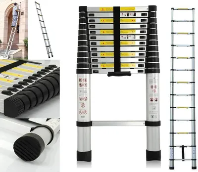 Produktbild von Teleskopleiter - Klappbare Aluminium-Mehrzweckleiter - 3,8 m - Robuste Ausführung - Tragbar - Rutschfeste Füße