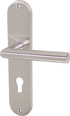 A stainless steel door handle set with a long escutcheon plate and a keyhole.