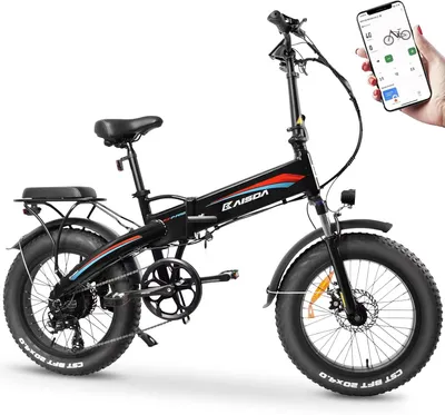 A black electric folding bicycle with fat tires is shown against a white background. A hand is holding a smartphone displaying an app with bicycle-related information.