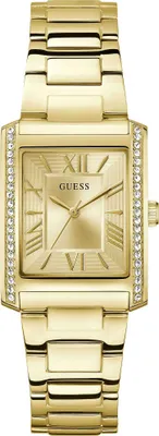 A studio shot of a gold Guess watch.
