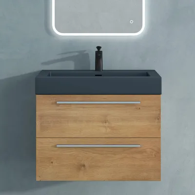 Produktbild von Mai & Mai Badmöbelset Komplett Set Waschbeckenunterschrank 73cm Unterschrank in Kerneiche mit Waschschbecken aus Mineralguss Quadratto