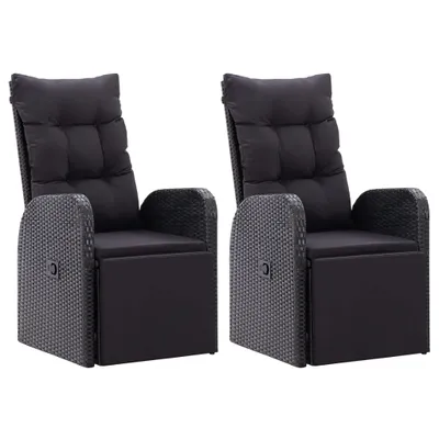 Two black outdoor chairs with cushions are shown against a white background.
