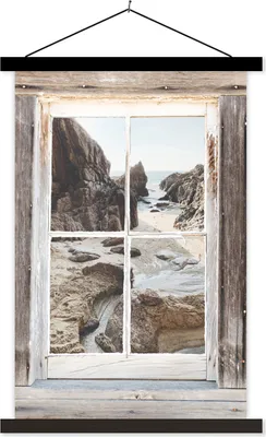 Produktbild von MuchoWow® Textilposter Durchblick - Holz - Strand 40x60 cm mit schwarzem Rahmen - Wanddekorationen