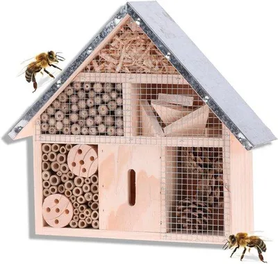 Productafbeelding van Houten bijenhotel met metalen dak - 295 x 88 x 28 cm (breedte x diepte x hoogte) voor tuin en erf
