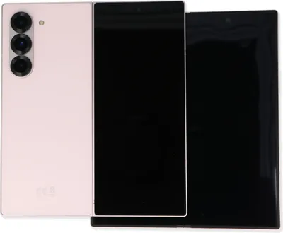 Three smartphones are laid out side-by-side against a white background. The leftmost phone is pink and shows its rear camera array. The other two phones are black and show their screens.