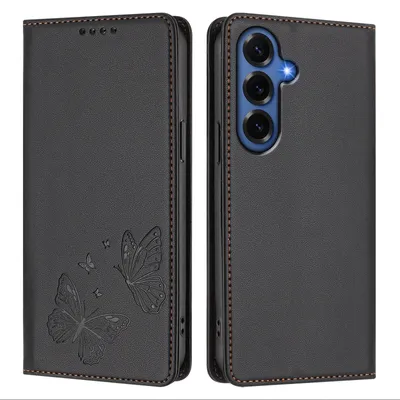 Image de Étui en cuir pour Samsung Galaxy S26+, motif papillon en relief, étui portefeuille à rabat avec support, noir