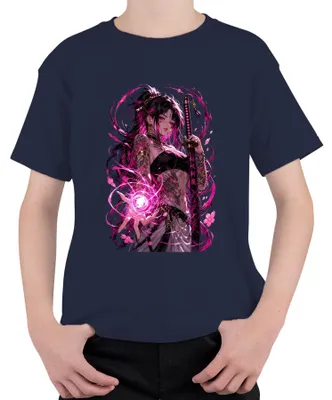 Produktbild von Anime Mädchen Katana Pinke Magie Tattoo Drache Japan Y2K Otaku Kinder T-Shirt, Navy, 104