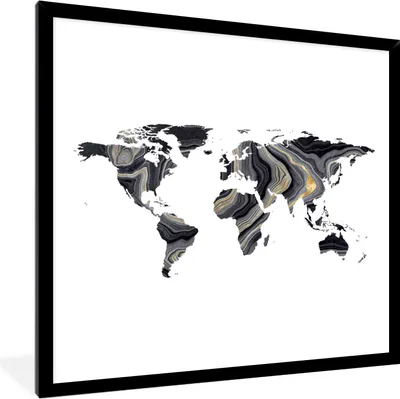 Produktbild von MuchoWow® MuchoWow® Gerahmtes Poster Weltkarte - Gold - Schwarz und weiß 40x40 cm - Poster mit zchwarzem Bilderrahmen - Mit Rahmen - Wanddekoration Schlafzimmer