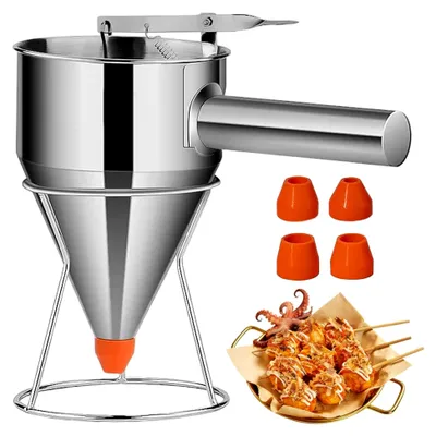 Produktbild von Teigspender für Pfannkuchen, handgehaltener Edelstahltrichter mit Ständer, Backwerkzeug für Cupcakes, Waffeln, Muffins, Crêpes und Kuchen