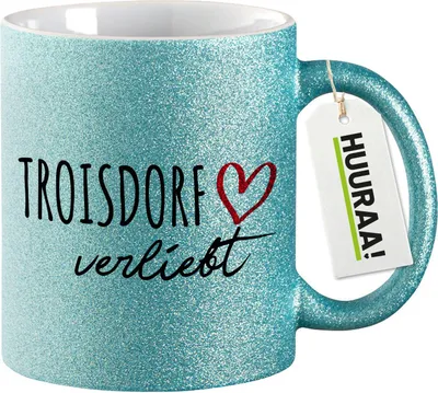 Produktbild von Huuraa Glitzertasse Troisdorf verliebt 330ml Blau Keramik Kaffeebecher Geschenkidee
