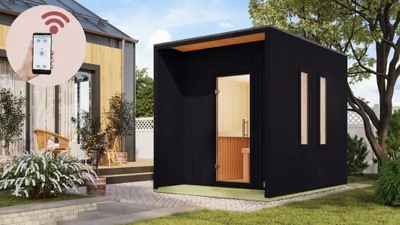 Produktbild von Karibu Saunahaus Außensauna Gartensauna Außensauna LAGUNA schwarz 220 x 288 cm inkl. 9kw Ofen finnisch und HUUM WIFI Steuergerät Sparset 38mm Wandstärke