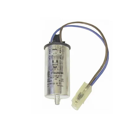 A single electronic capacitor with attached wires, isolated on a white background.