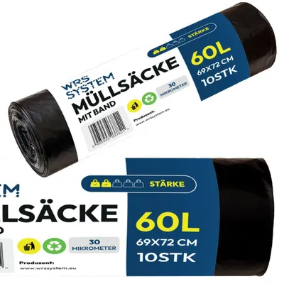 Produktbild von WRS System Müllsäcke mit Zugband 60L 10 Stk. Hochleistungs-Müllbeutel Mülltüte - Schwarz - universell für Abfallbehälter