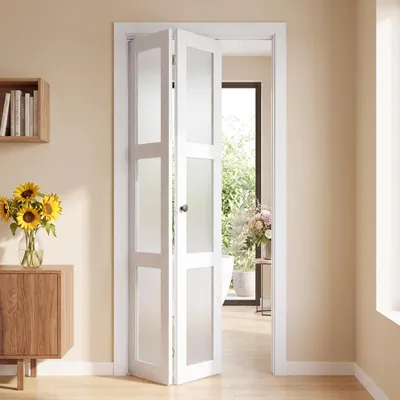 Image de VEVOR, ensemble complet de porte pliante coulissante, dimensions 914 mm (deux panneaux de 457 mm) x 2032 mm, verre dépoli, pour armoires et chambres, porte coulissante pliante à deux vantaux avec accessoires en métal et cadre composite, design élégant et gain de place, blanc