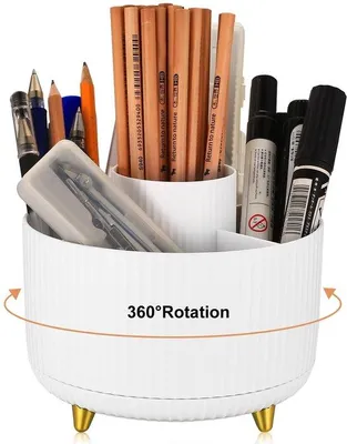 Image de Organisateur de bureau Unyqoos® – Porte-stylos rotatif à 360° fabriqué en plastique de haute qualité, avec plusieurs compartiments, compact (13,5 x 14 cm), idéal pour le bureau et la maison