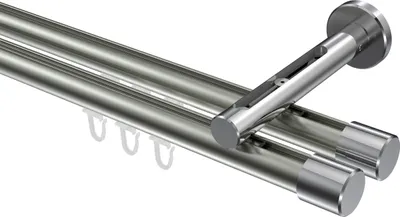 Produktbild von Interdeco Innenlaufstange / Gardinenstange mit Innenlauf Edelstahl-Optik / Chrom, Typ Siteno Santo (Kappe), 20 mm Ø 2-läufig, 240 cm
