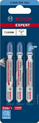 Zdjęcie produktu dla Bosch Expert Stainless Steel T 118 EHM - Brzeszczot do wyrzynarki - do blach ze stali nierdzewnej - 3 sztuki - trzpień T - długość: 83 mm