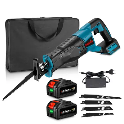 A cordless reciprocating saw kit with accessories, including batteries, charger, and saw blades, laid out on a white background.