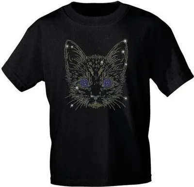 Produktbild von T-Shirt mit Strasssteinen Glitzer-Stein-Applikation - Katze Cat - 88304 schwarz Gr. S-3XL Größe - 3XL