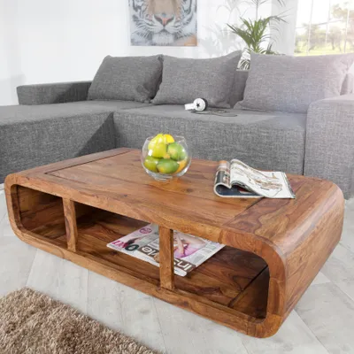 Produktbild von riess-ambiente Massivholz Couchtisch CURVED 100cm natur Sheesham stone finish TV-Lowboard mit Stauraum Beistelltisch Tisch