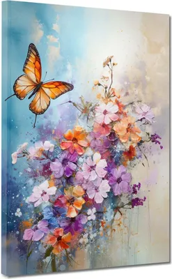 Produktbild von Leinwandbild Wandbild abstrakt Blumen mit Schmetterling Kunstdruck XL Wanddeko: 60x80x2cm