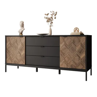 A black and wood sideboard with decorative elements on top.