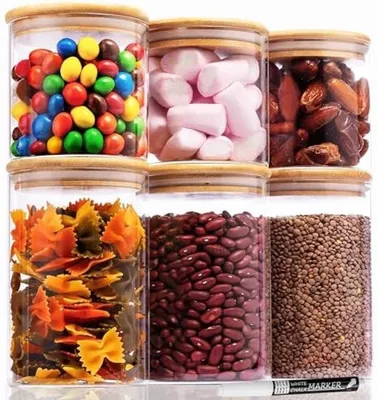 Produktbild von PolkaHome® Gläserne Vorratsdosen mit Bambusdeckel, 6-teiliges Set – luftdichte Aufbewahrungsbehälter für Müsli, Cornflakes, Zucker, Pasta