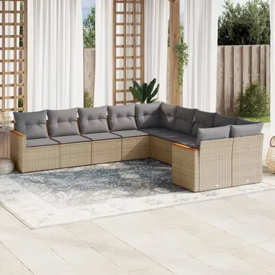 Produktbild von Design 10-tlg. Garten-Sofagarnitur mit Kissen Beige Poly Rattan, Gartenmöbel-Sets 2024 Neu