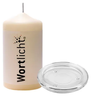 Immagine prodotto di Candela "Wortlicht" di Bulla Design, con base in vetro, per esprimere pensieri di conforto e ricordo durante i momenti di addio o di lutto