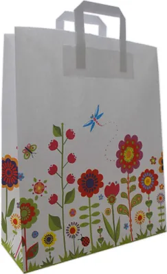 Produktbild von Papiertragetasche mit Flachhenkel weiß "BLUMENWIESE", 90 g/qm, 32 + 12 x 40 cm, 50 Stück