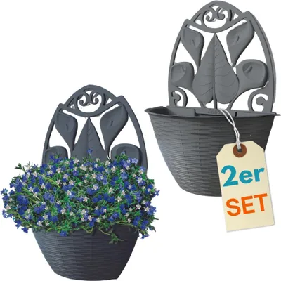 Produktbild von 2er Set Blumentopf Wand Blumentopf Wandmontage Wandblumentopf Wandvasen für Pflanzen Pflanzen Wandhalterung Wandtopf Außenbereich 32 cm Anthrazit Rattan Optik