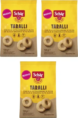 Produktbild von 3x Schär Gluten Free Taralli mit Nativem Olivenöl Extra und Sonnenblumenöl Salziger Snack Glutenfrei 120g Beutel Perfekter Aperitif-Snack