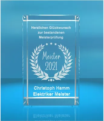 Produktbild von 3D Glasquader   Meister Glückwunsch mit Wunschtext   Geschenk zur Meisterprüfung