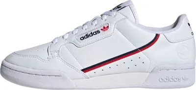 A white Adidas Continental 80 Vegan sneaker is shown from the side against a white background.