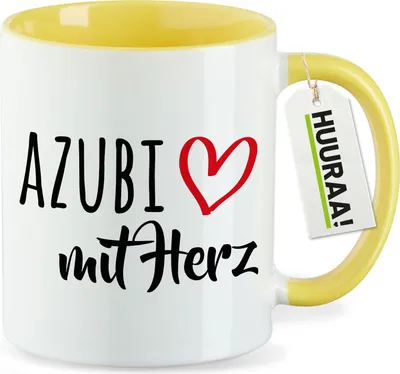 Produktbild von Huuraa Kaffeetasse Azubi mit Herz 330ml Gelb Keramik Kaffeebecher Geschenkidee