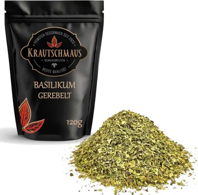 Produktbild von 120g Basilikum gerebelt von Krautschmaus, schonend getrocknet, voller Geschmack