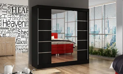 Produktbild von Schwebetürenschrank Basti V 200 cm - Kleiderschrank mit 2 Türen, Kleiderstange und Einlegeboden, 200x215x58 cm (Schwarz)