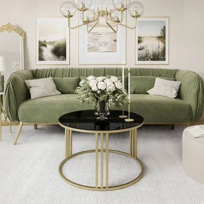 Produktbild von Runder Couchtisch LORI GLASS mit goldenem Gestell, Gold Matt / Schwarzes Glass