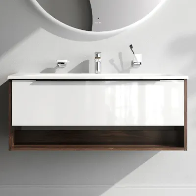 A modern bathroom vanity with a white glossy drawer and a dark wood open shelf below, mounted on a light gray wall.