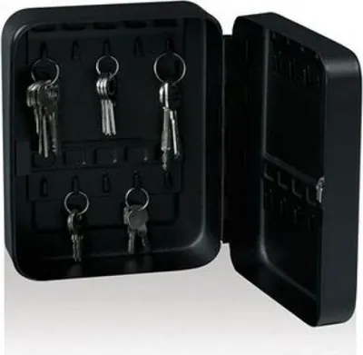 A black key safe with its door open, revealing hooks for keys inside.