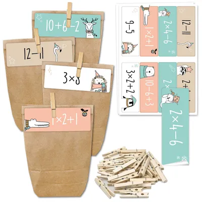 Adventskalender zum Befüllen, 24 Tüten, Zahlenaufkleber, Rechenaufgaben