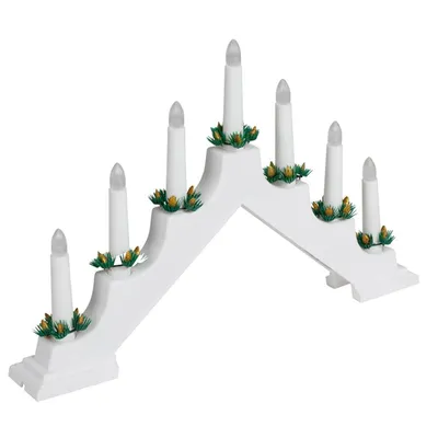 A white LED candle arch Christmas decoration with green and gold accents.