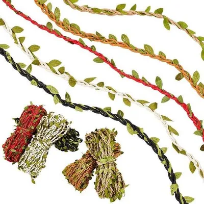 Produktbild von Grünes Jute-Geschenkband mit 5 Farben und künstlichen Blättern
